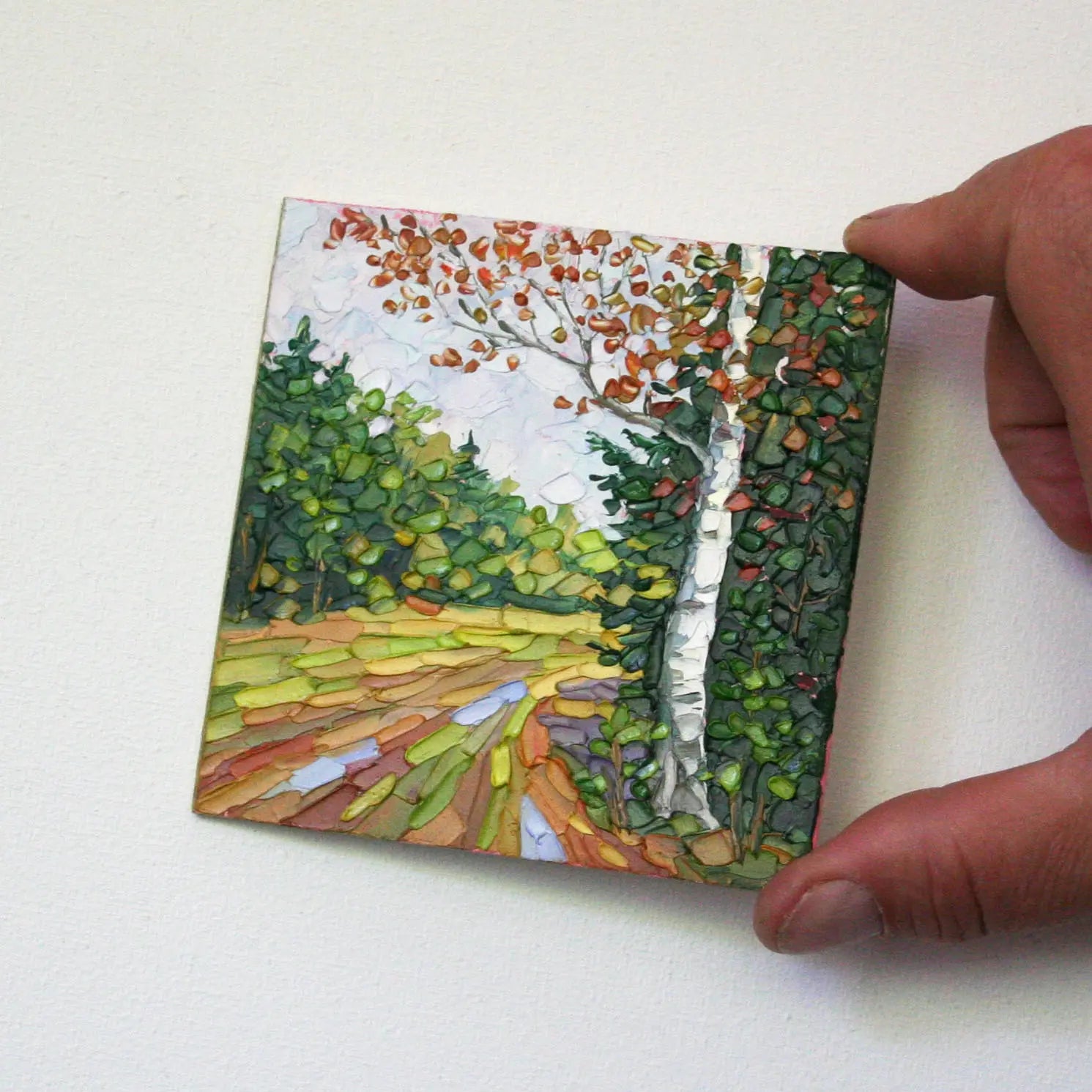 Mini framed landscape painting — forest birch tree road, original New England impasto art 4x4 inches