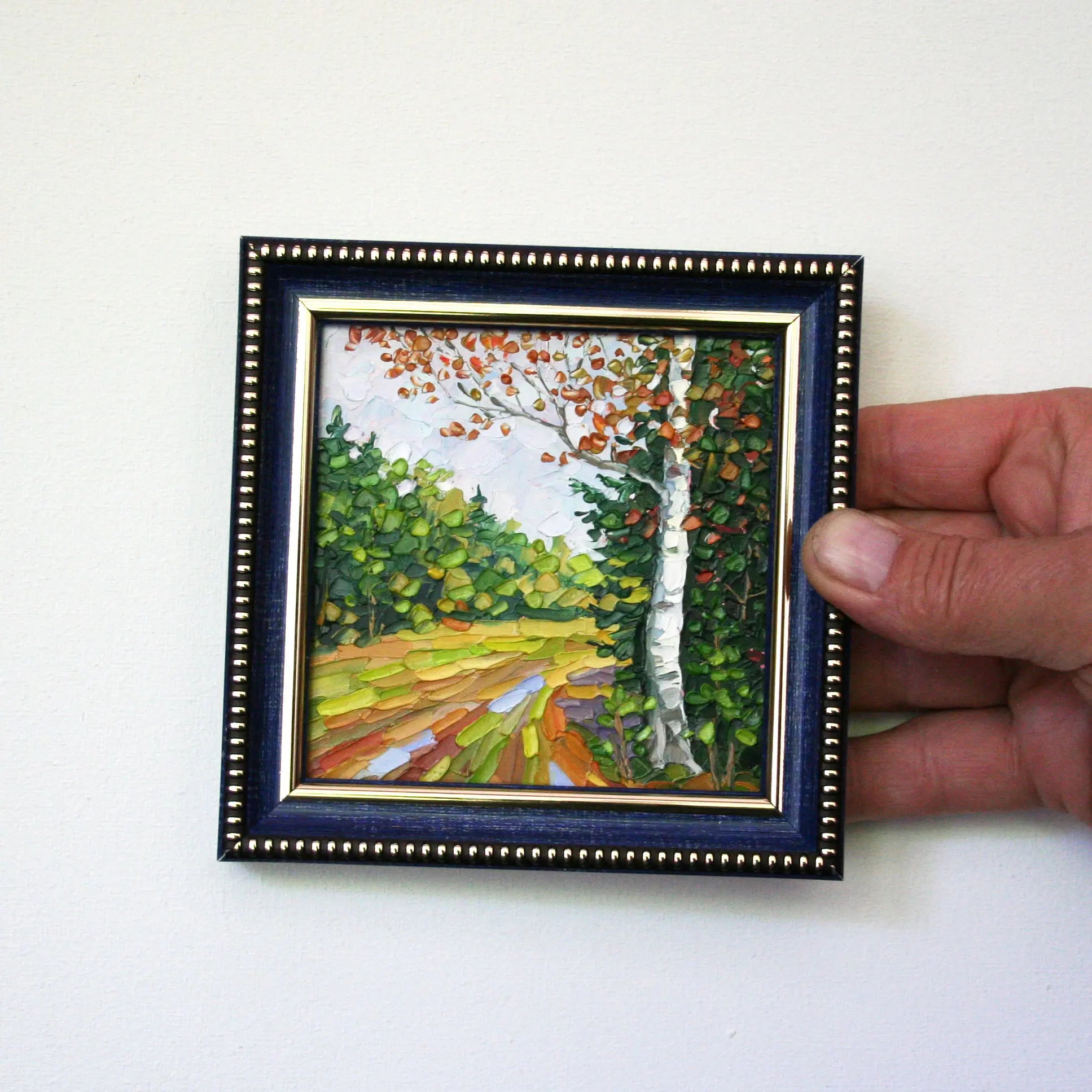 Mini landscape oil painting in frame — autumn forest path, original impasto art by Iryna Stakhiv