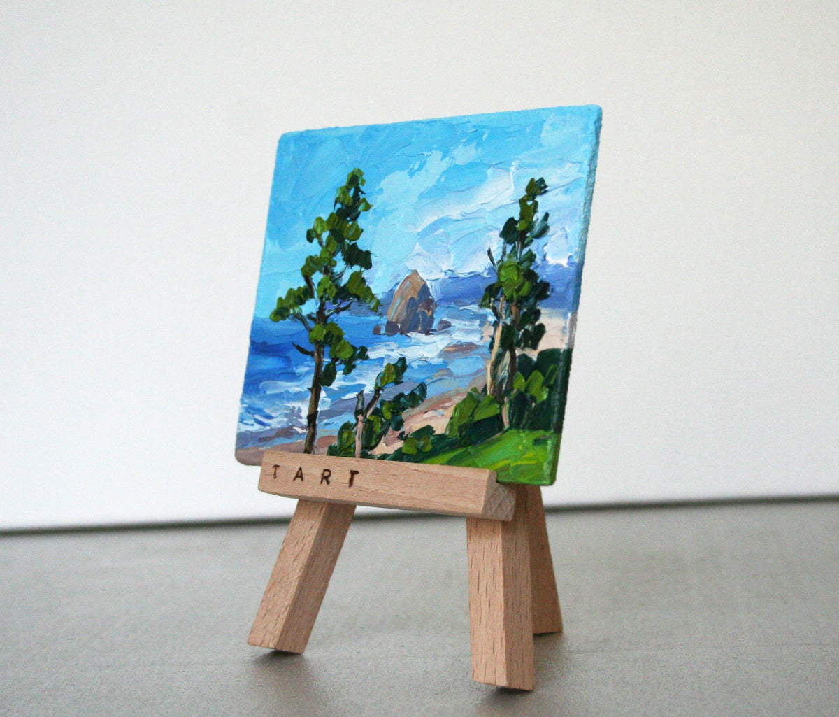 Mini oil painting Cannon Beach Oregon on easel, palette knife landscape original art 3x4