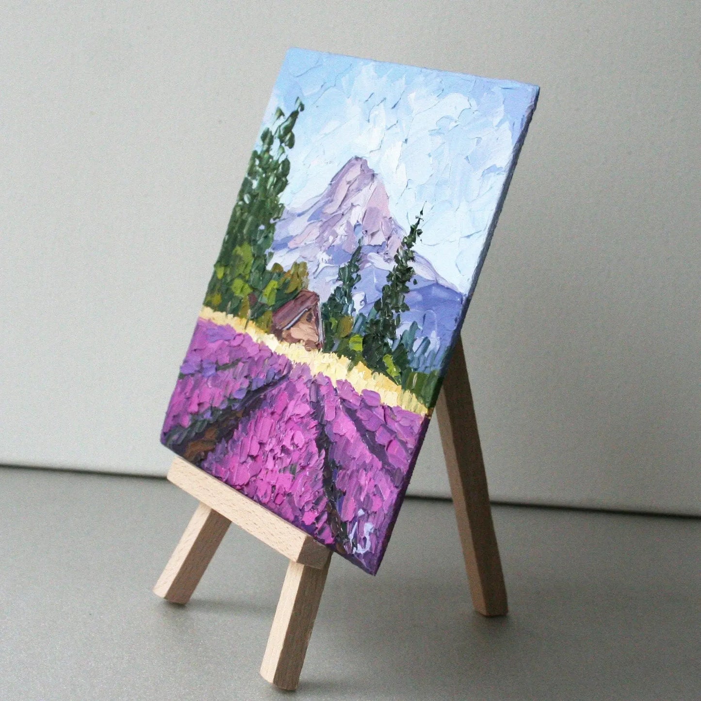 Mini oil painting Oregon lavender fields on small display easel, original impasto art by Iryna Stakhiv