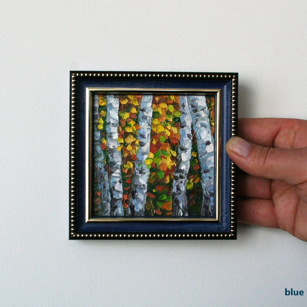 Mini oil painting birch trees fall, Vermont original art framed autumn landscape 10x10 cm