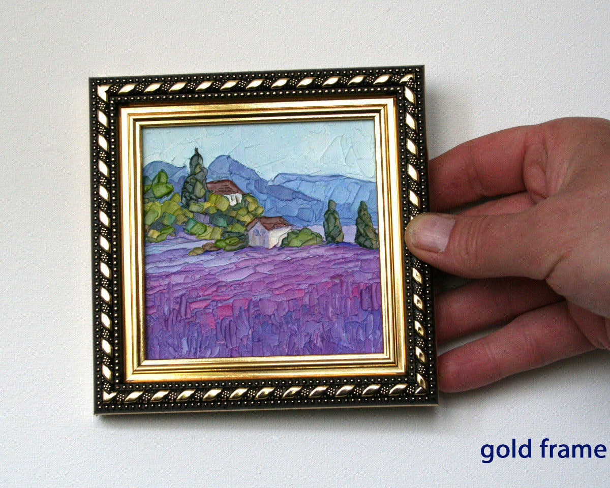 Mini oil painting lavender field Provence France, impasto palette knife original artwork