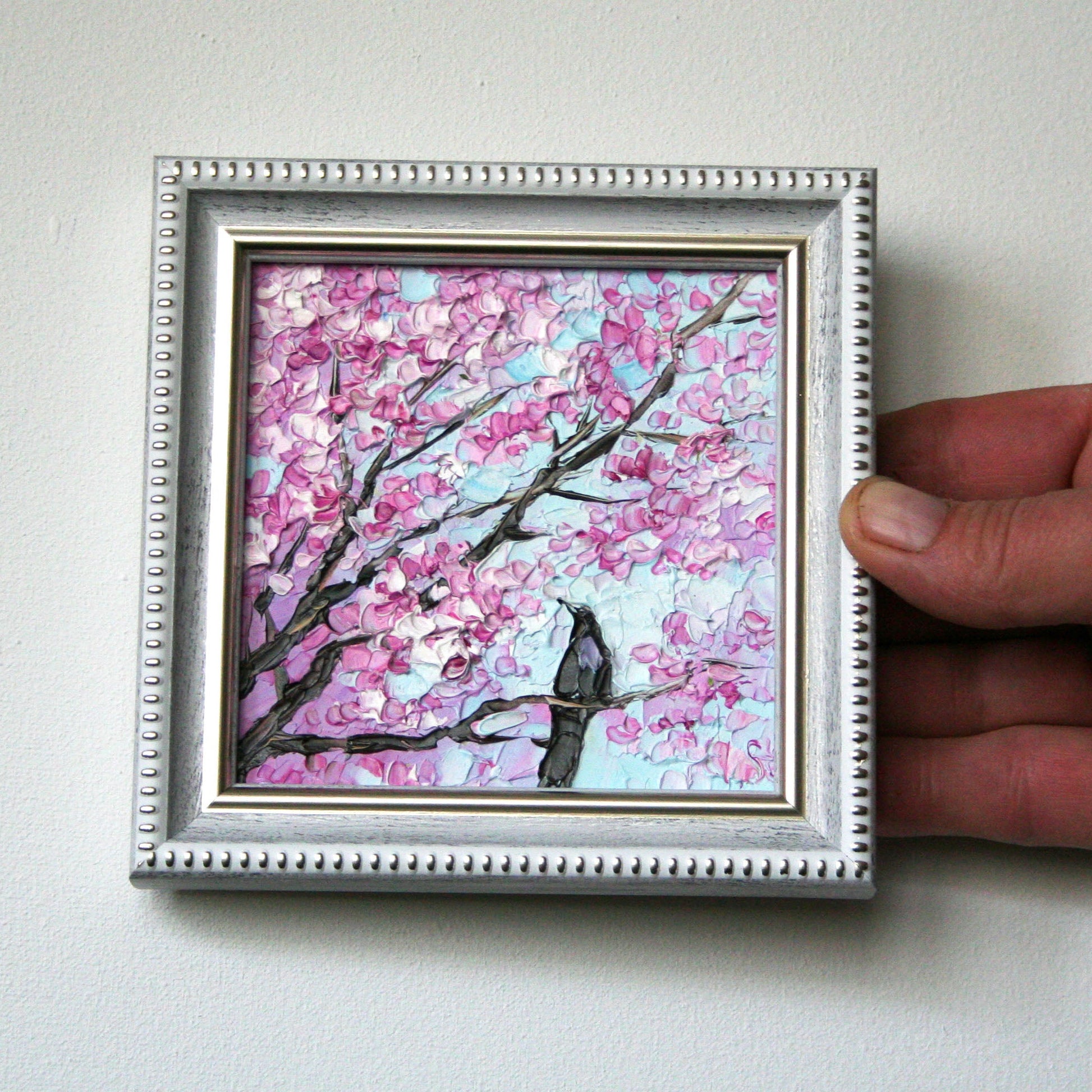 Miniature framed floral original oil painting with cherry blossom tree and bird