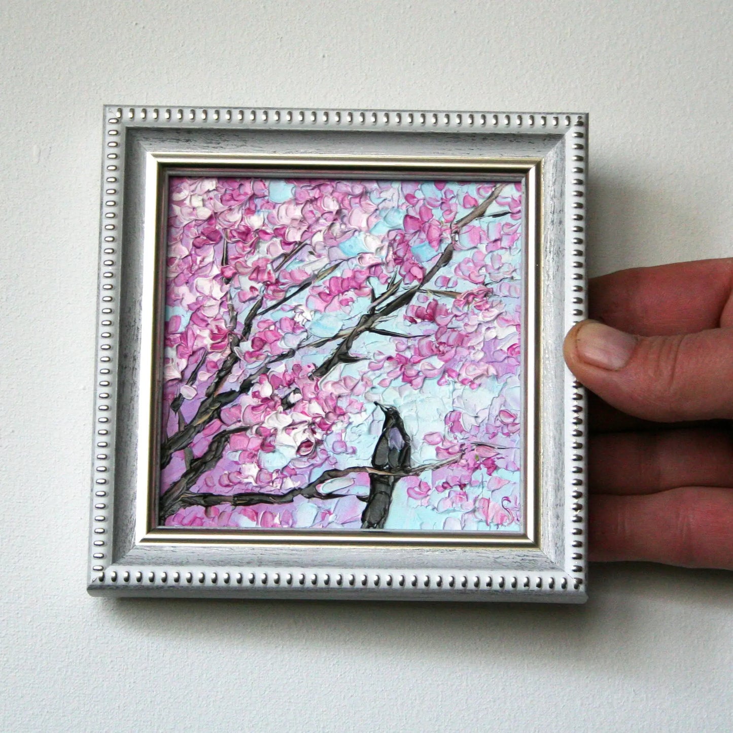 Bird in tree miniature framed original oil painting, plette knife texured cherry blossom, gift for gallery wall