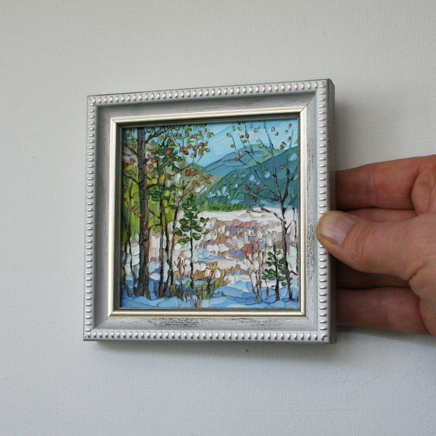 Miniature winter landscape painting palette knife texture Framed original art winter morning 