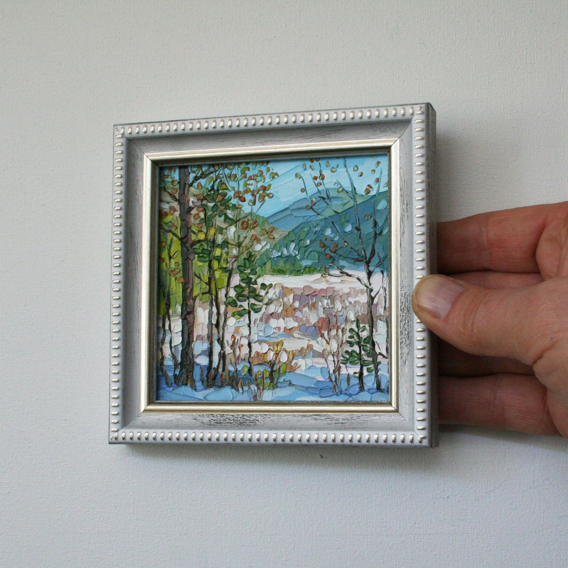 Miniature winter landscape painting palette knife texture Framed original art winter morning 