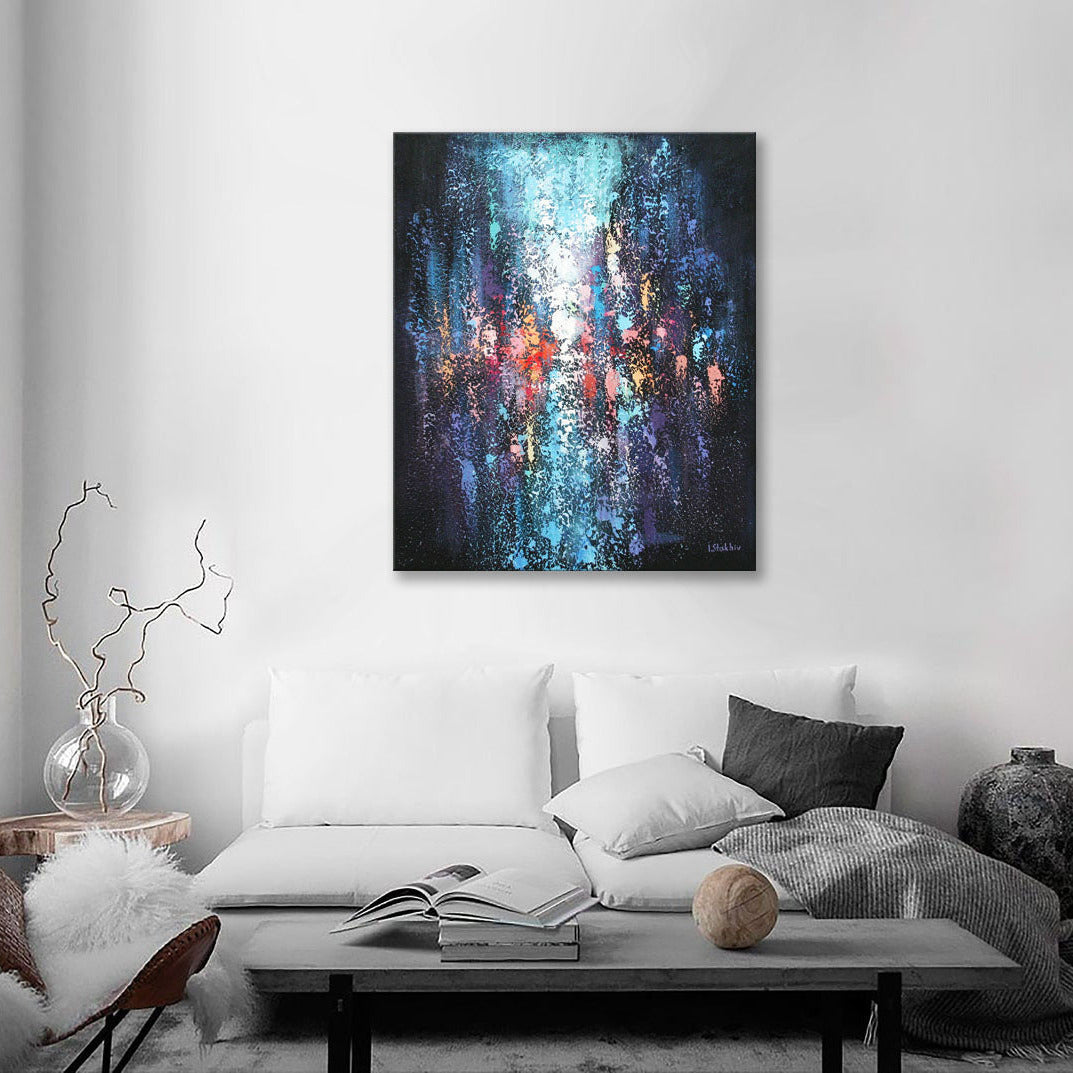 Modern abstract wall art in living room interior, blue and orange city painting