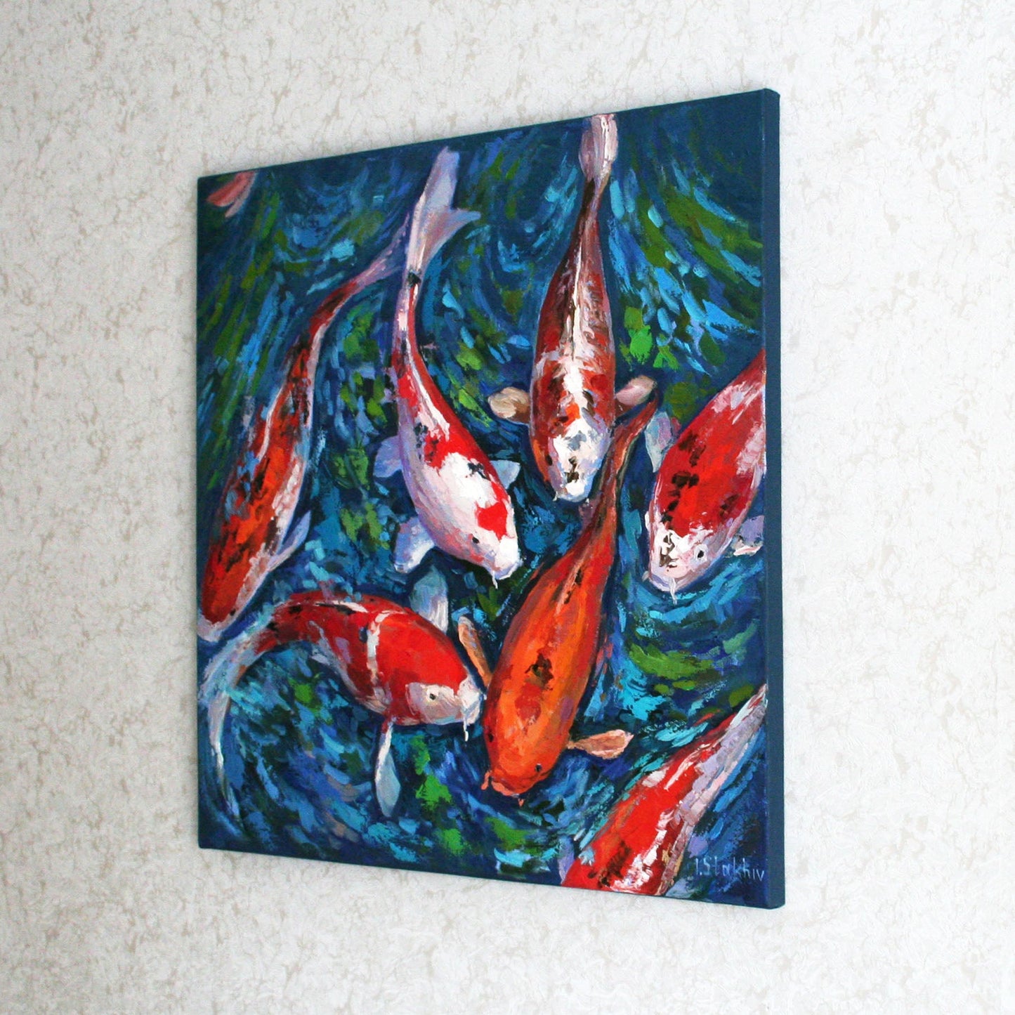 Modern zen wall decor: gallery wrapped koi fish painting ready to hang