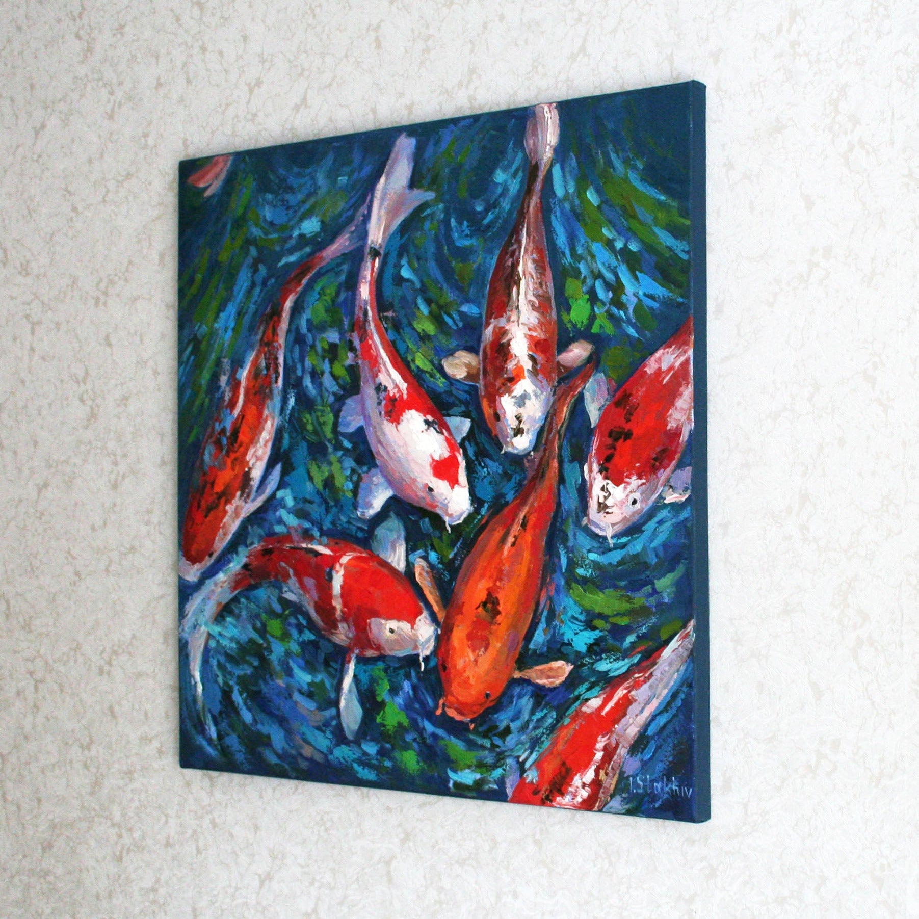 Modern zen wall decor: gallery wrapped koi fish painting ready to hang