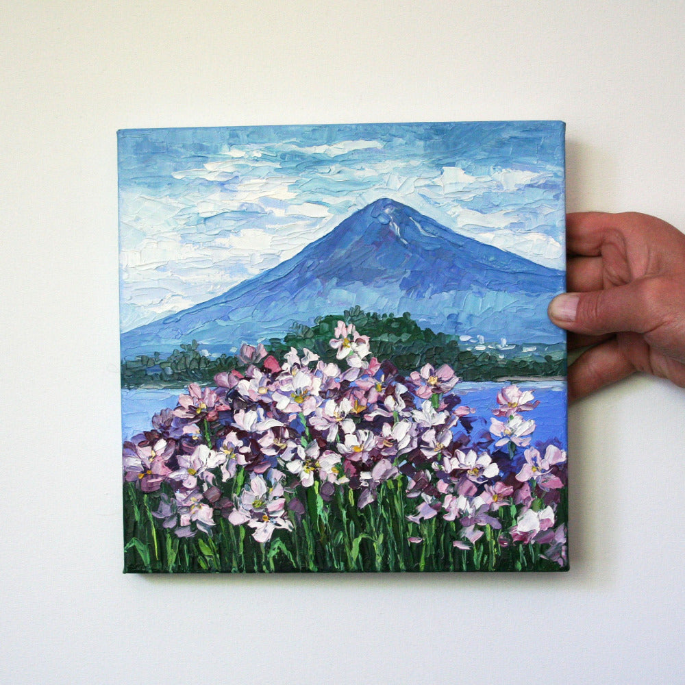 Mount Fuji oil painting with impasto flowers, Japanese landscape art by Iryna Stakhiv