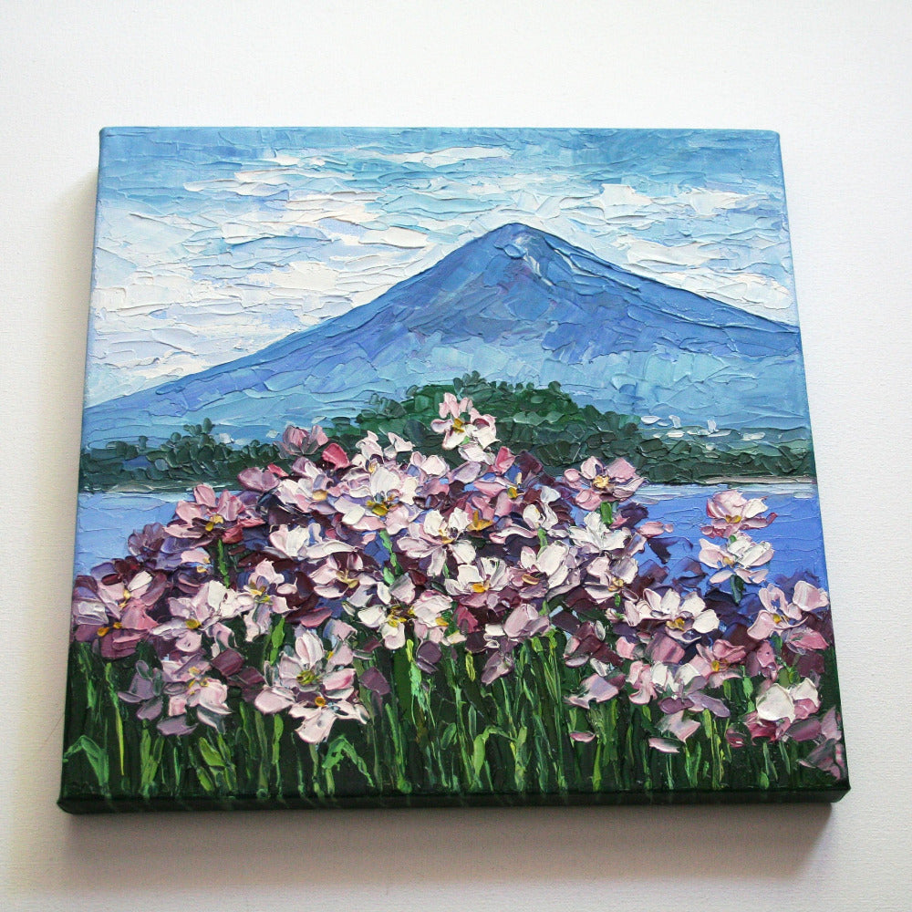 Mount Fuji wall art 25x25 cm, original Japanese landscape oil painting ready to hang