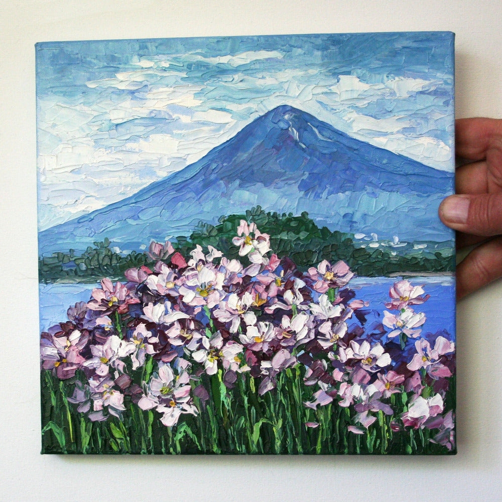 Mount Fuji with flowers original oil painting by Iryna Stakhiv, Japanese mountain landscape art