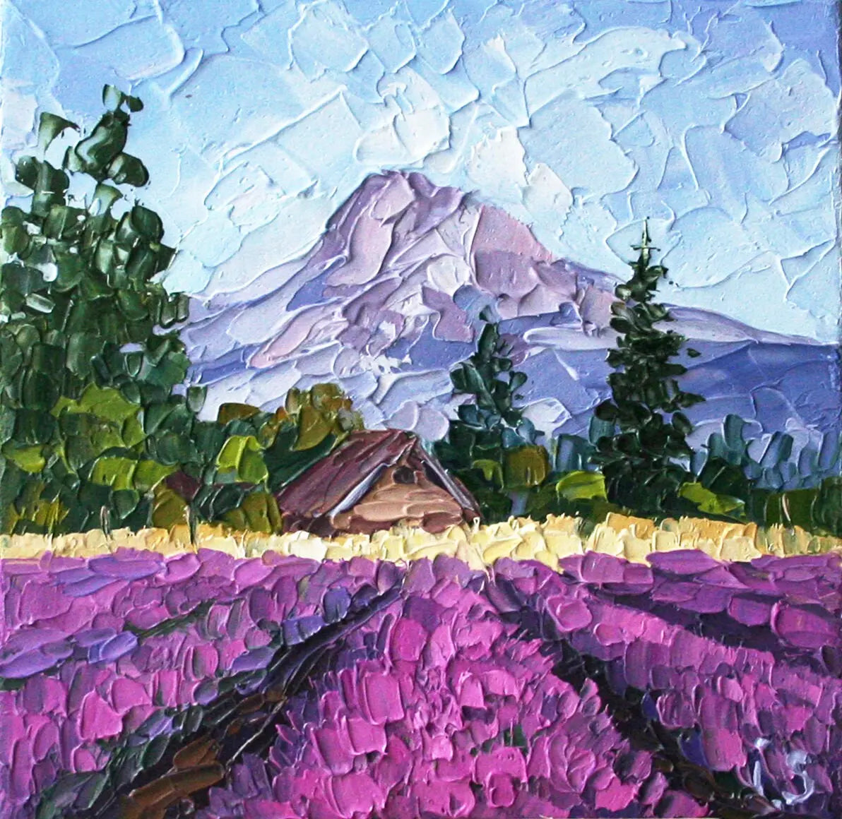 Mount Hood lavender fields mini oil painting detail showing impasto palette knife texture