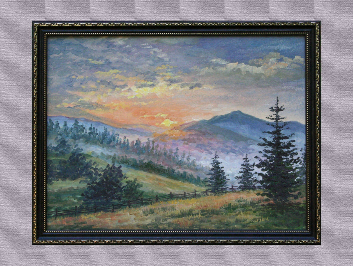 Mountain Glow original oil painting, foggy mountain landscape canvas art by Iryna Stakhiv