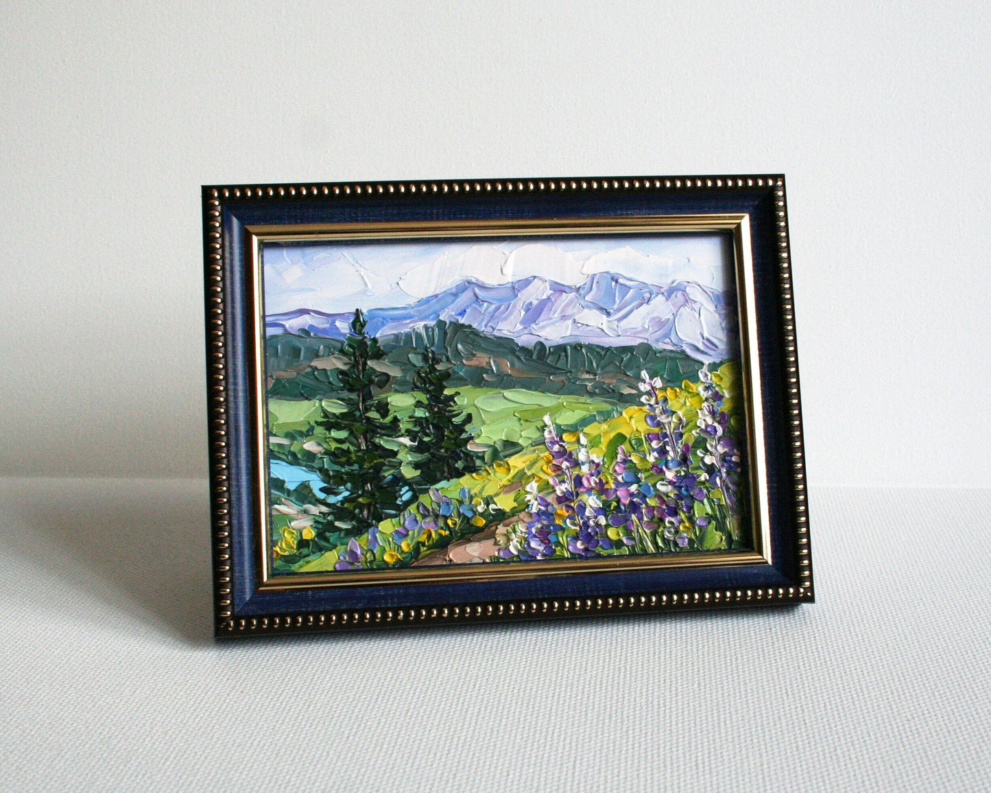 Mountain landscape mini oil painting 4x6, original framed palette knife wildflower art by Iryna Stakhiv