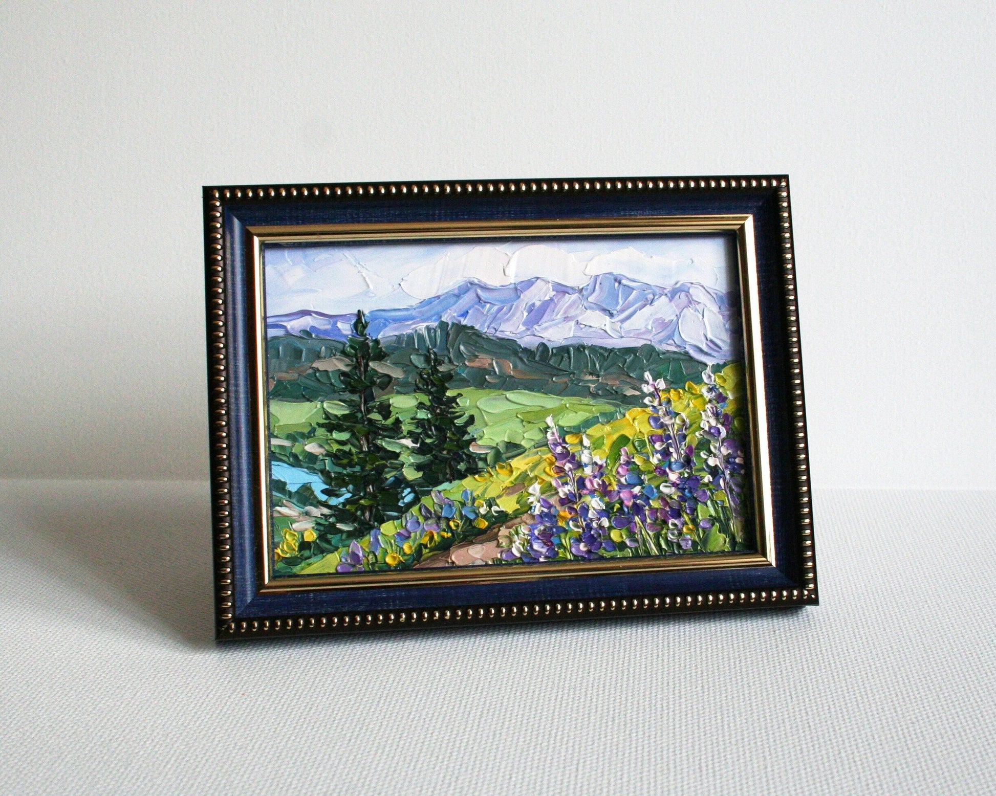 Mountain landscape mini oil painting 4x6, original framed palette knife wildflower art by Iryna Stakhiv