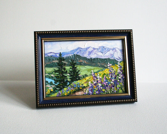 Mountain landscape mini oil painting 4x6, original framed palette knife wildflower art by Iryna Stakhiv