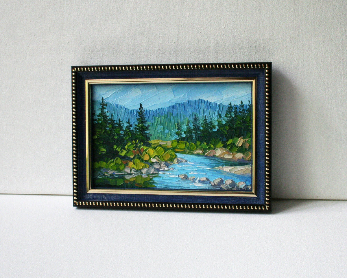 Mountain river mini oil painting  — impasto palette knife, framed California art by Iryna Stakhiv