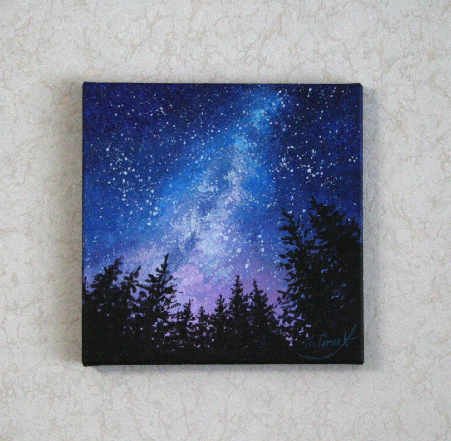 Night sky painting with Milky Way and forest silhouette, original acrylic art by Iryna Stakhiv