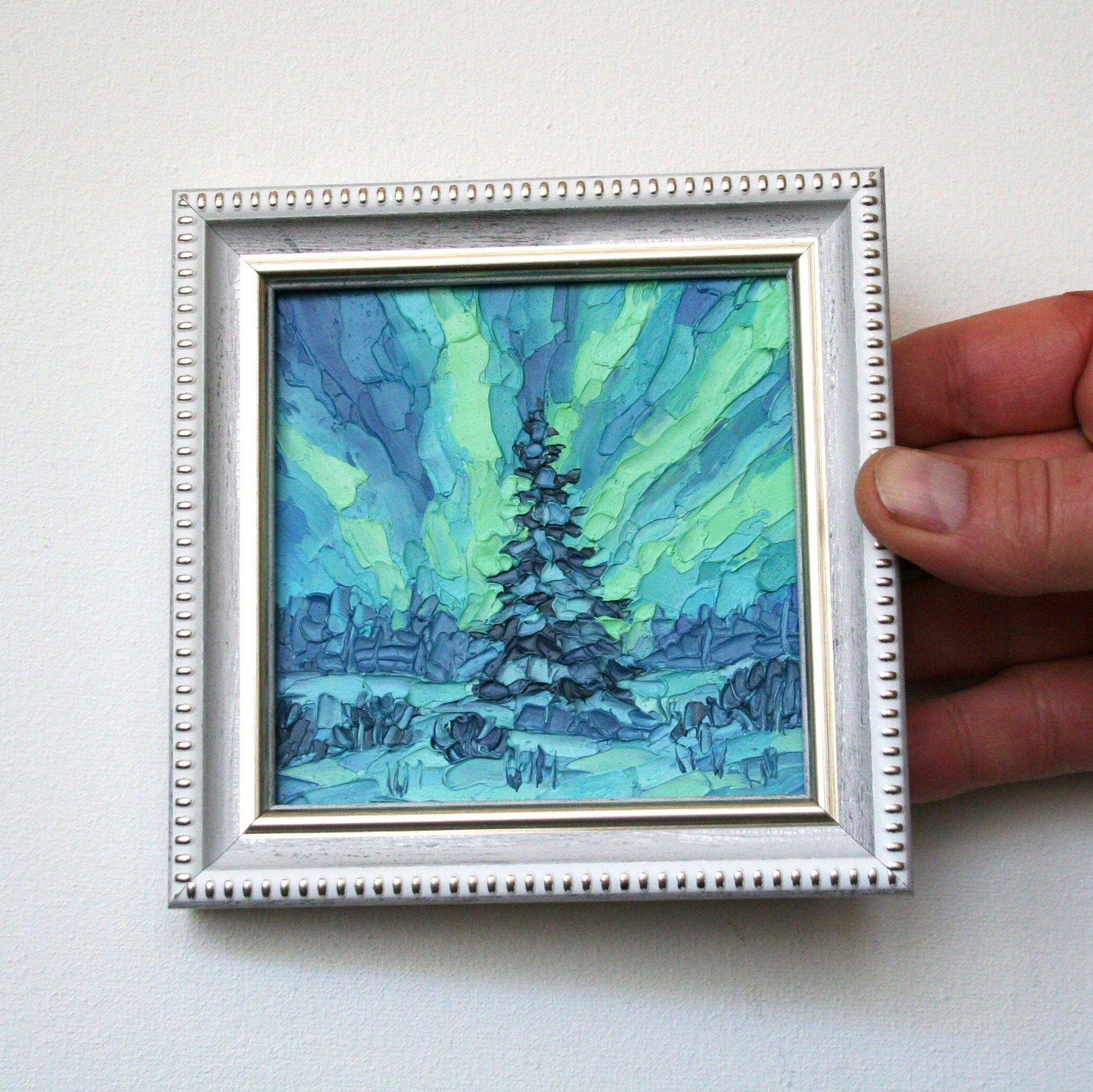 Northern Lights mini oil painting in white frame, Aurora Borealis night sky art by Iryna Stakhiv