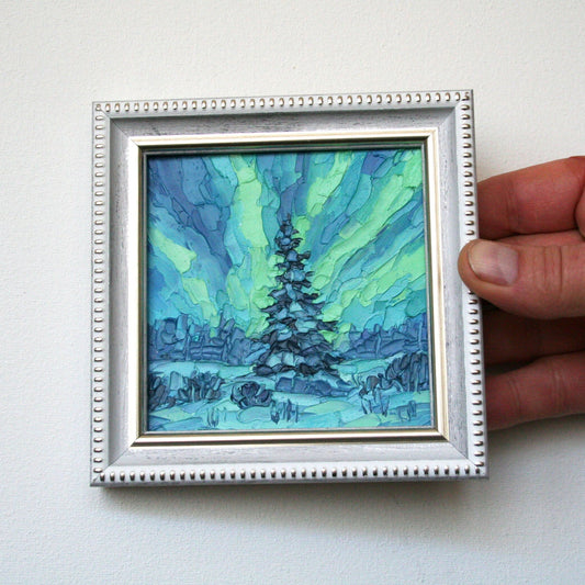 Northern Lights mini oil painting in white frame, Aurora Borealis night sky art by Iryna Stakhiv