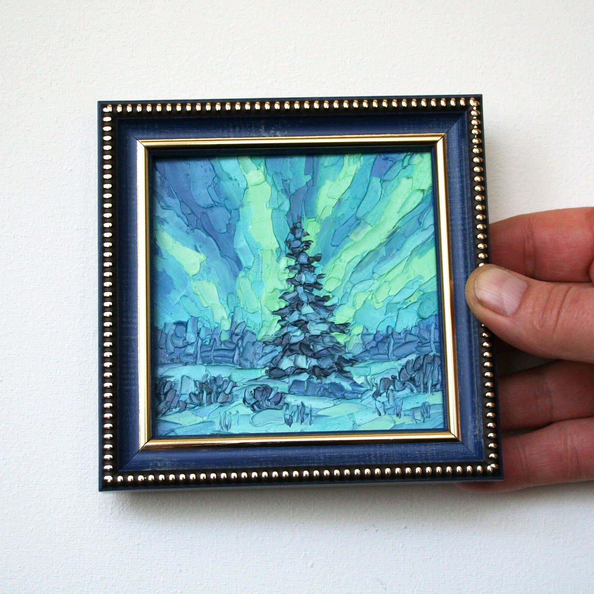 Northern Lights pine tree tiny framed oil painting 10x10 cm, original artwork by Iryna Stakhiv