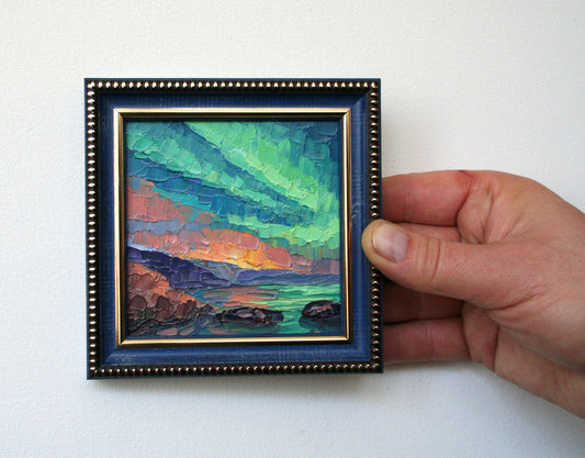 Northern lights over sea tiny framed oil painting, original artwork 10x10 cm by Iryna Stakhiv