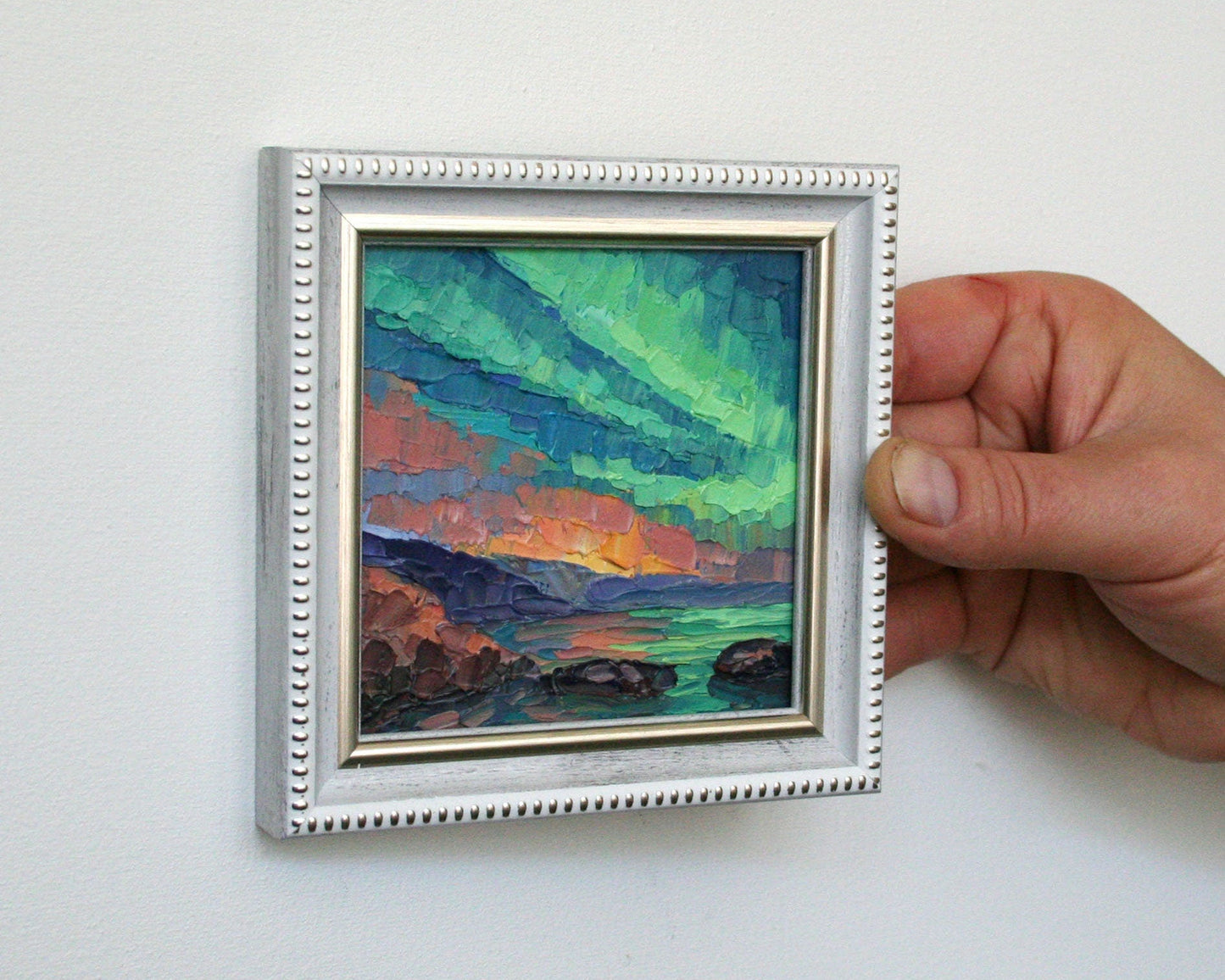 Norway Aurora Borealis original oil painting on hard panel, made to order night sky art with frame