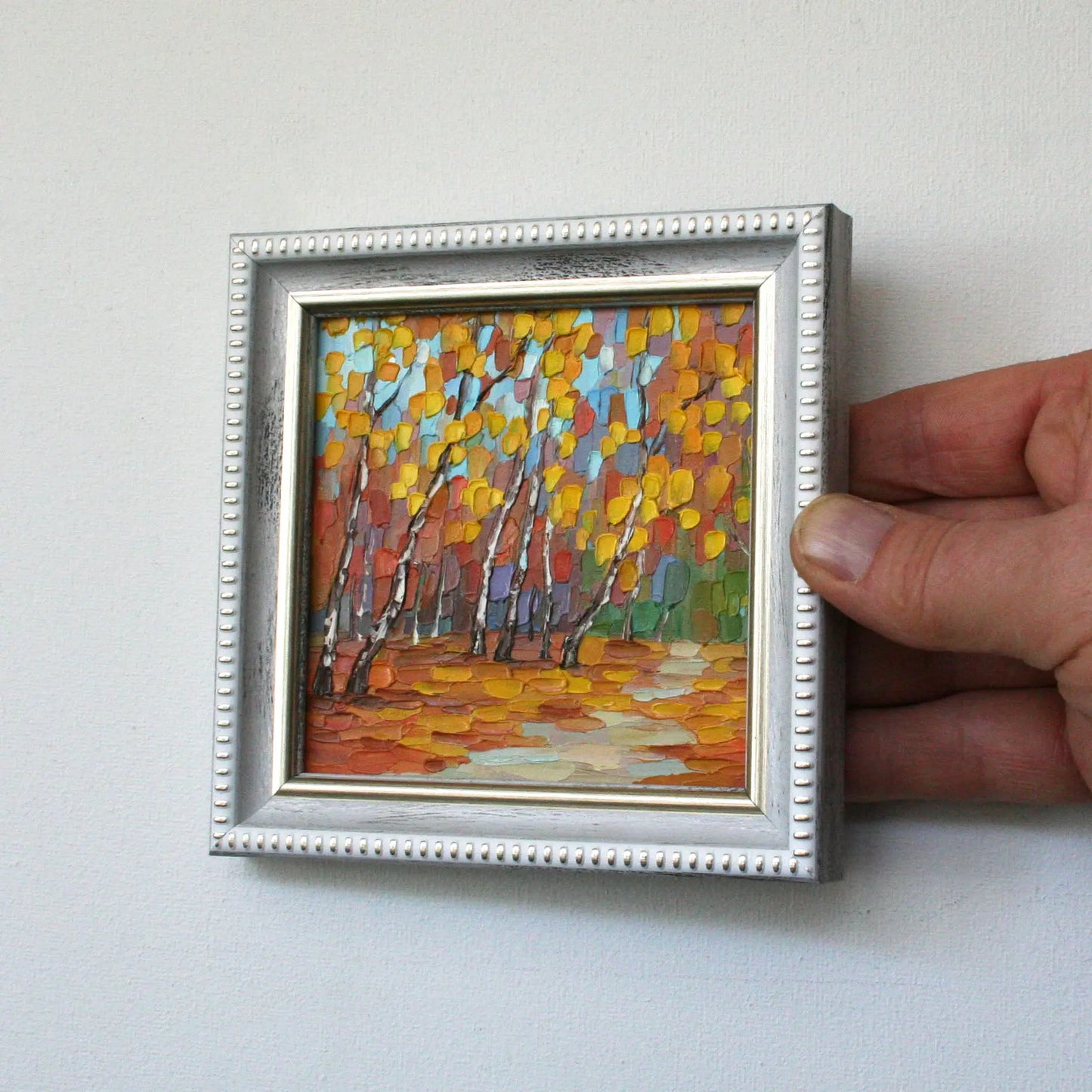 Original miniature oil painting of autumn landscape with birch trees, textured wall art