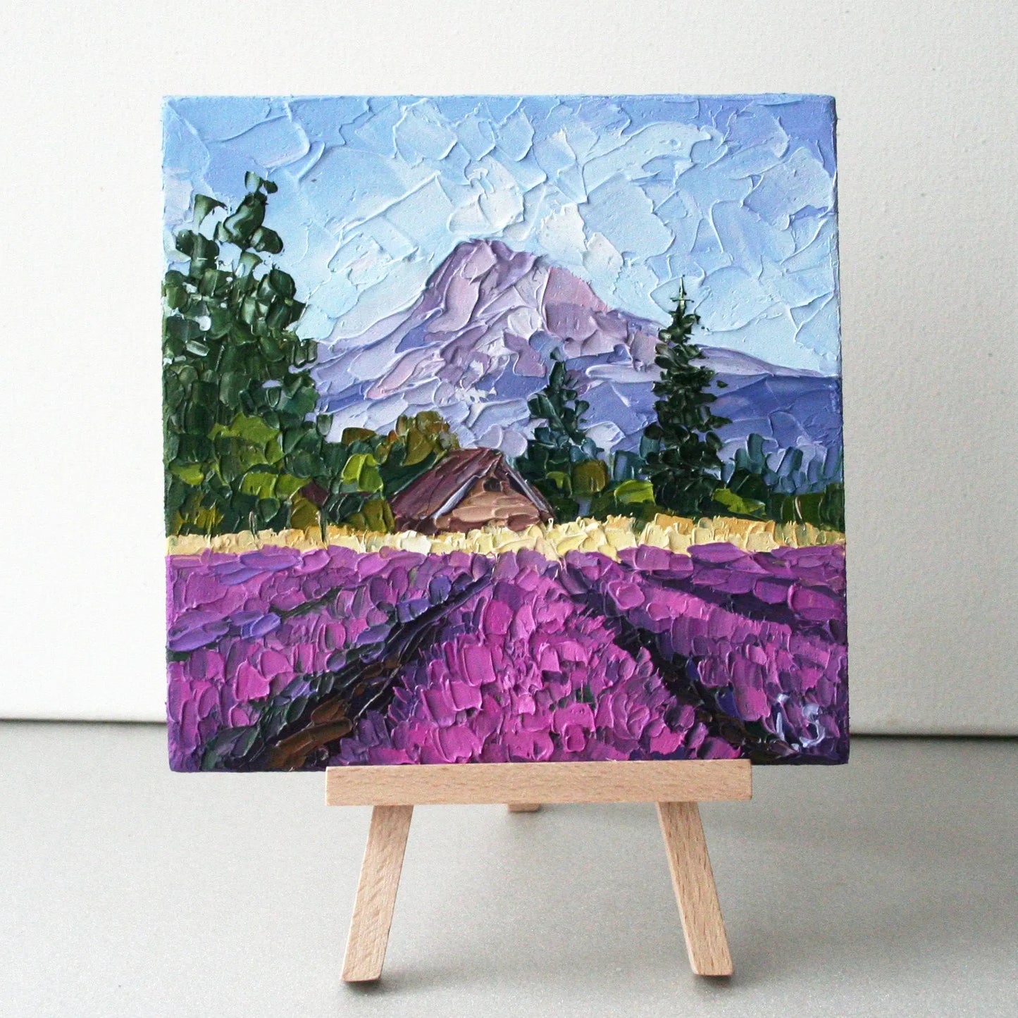 Oregon Lavender Fields mini oil painting on easel, Mount Hood impasto palette knife art 5x5 inches