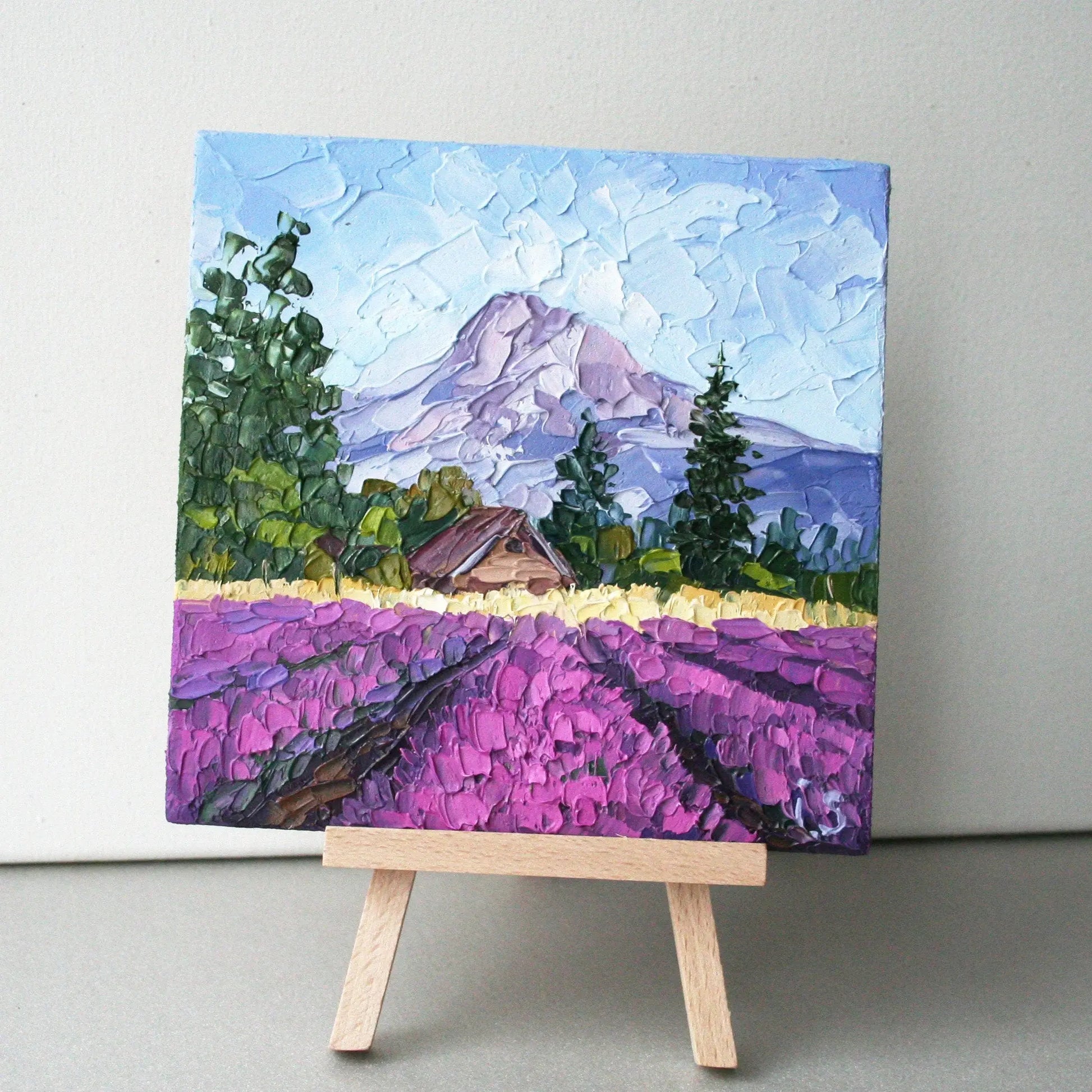 Oregon Lavender Fields original miniature oil painting, Mount Hood palette knife impasto art