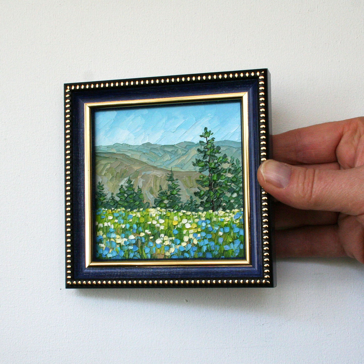 Original 4x4 Hells Canyon mini oil painting, wildflower mountain landscape, impasto palette knife art by Iryna Stakhiv.