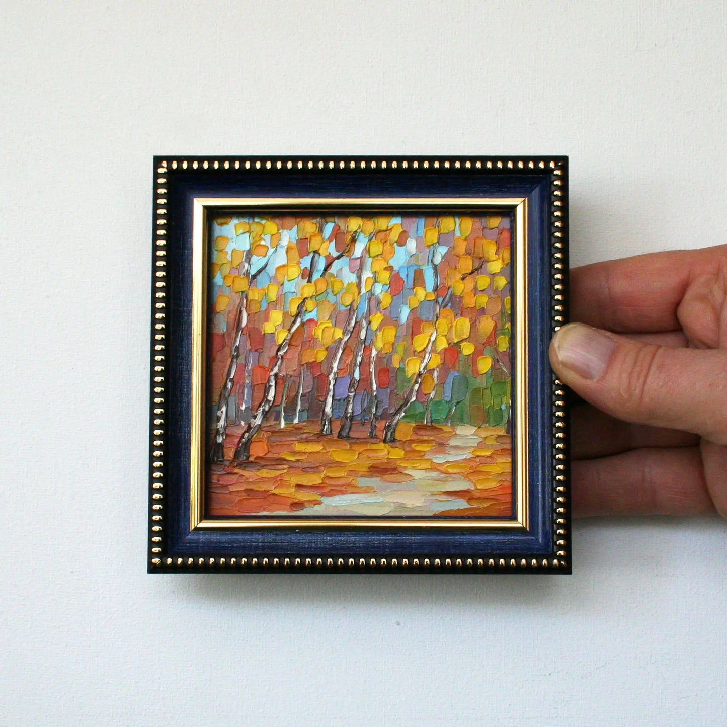 Original 4x4" mini oil painting of walking trail in birch autumn forest, framed & ready to display.