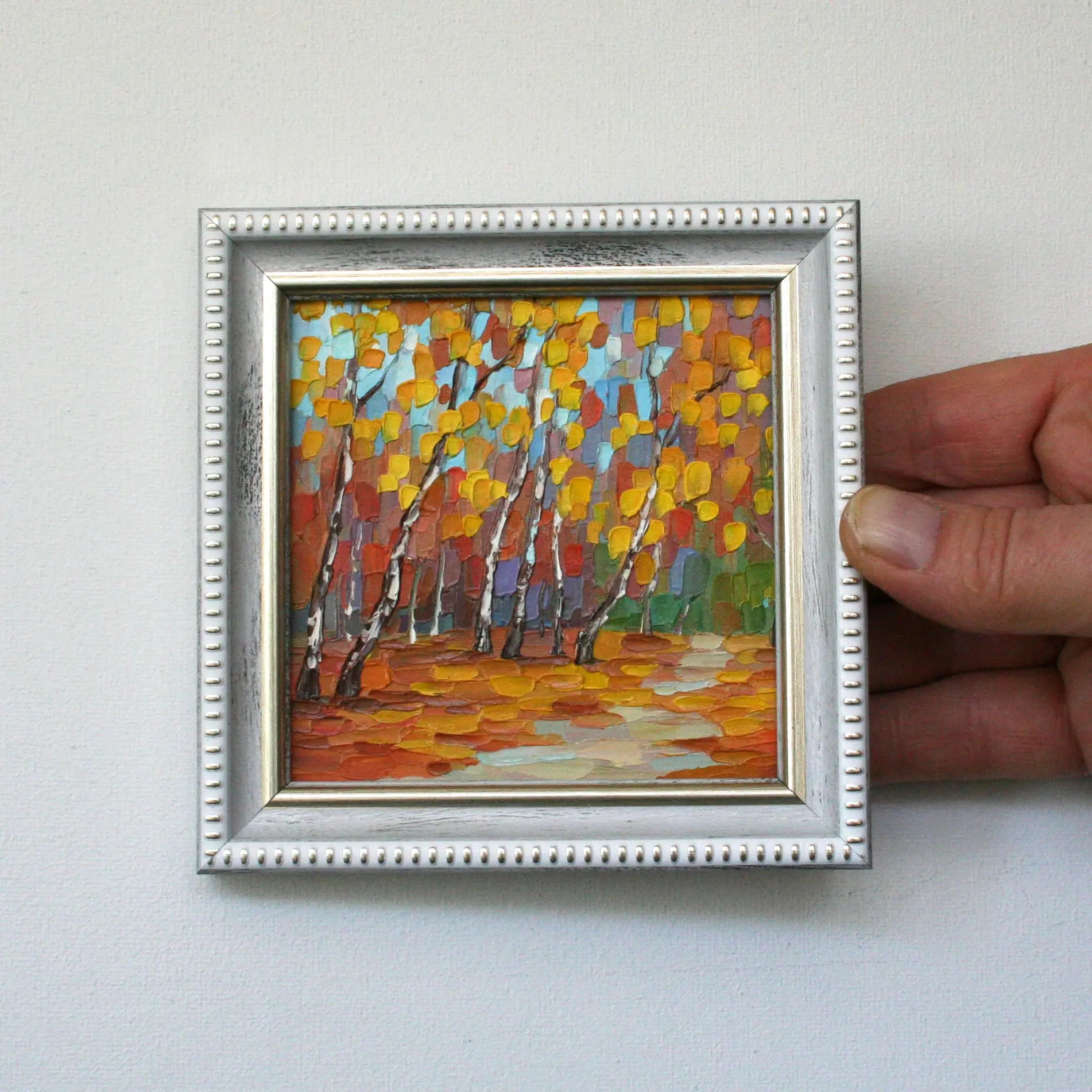 Original Birch Autumn Forest, small format art, framed miniature painting, artwork with Palette Knife