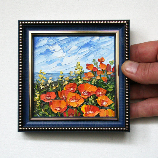 Original California Poppy mini oil painting, framed orange flower impasto art by Iryna Stakhiv.