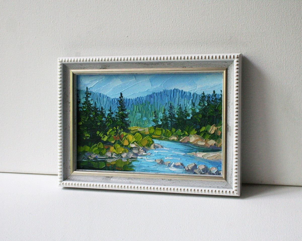Original California art 4x6 inches — mountain river impasto painting, ready to hang
