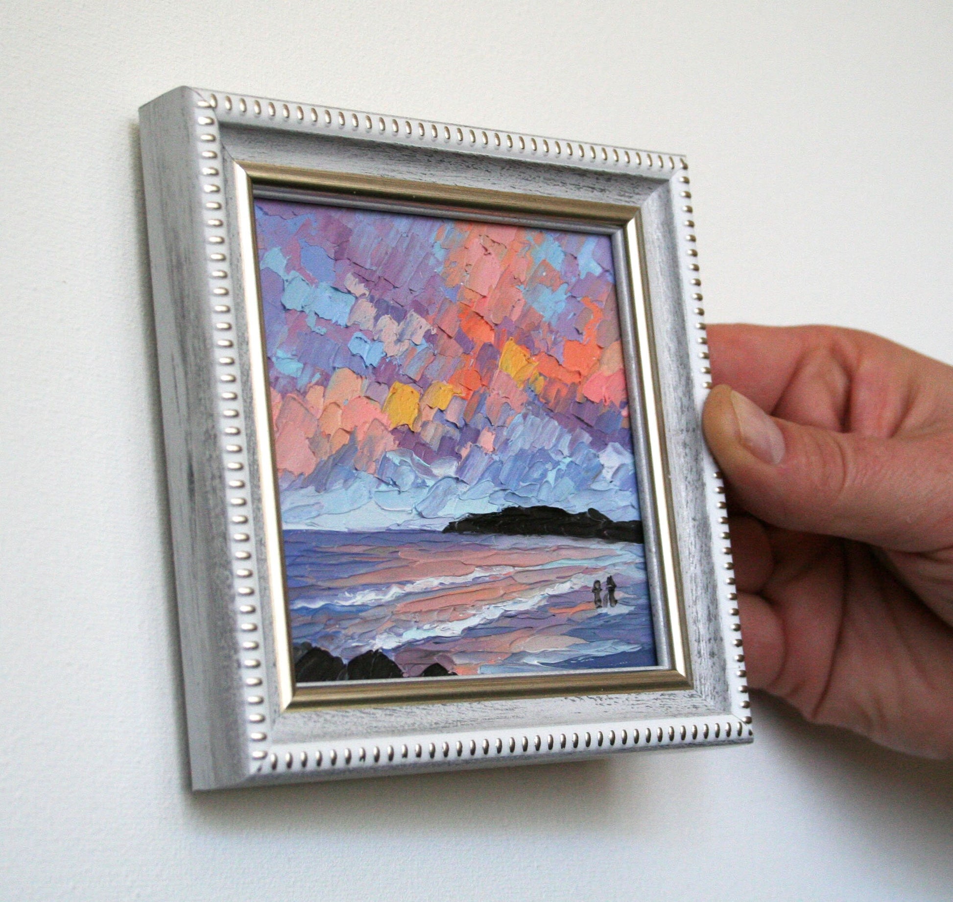 Original Florida sunset painting detail, textured impasto palette knife technique