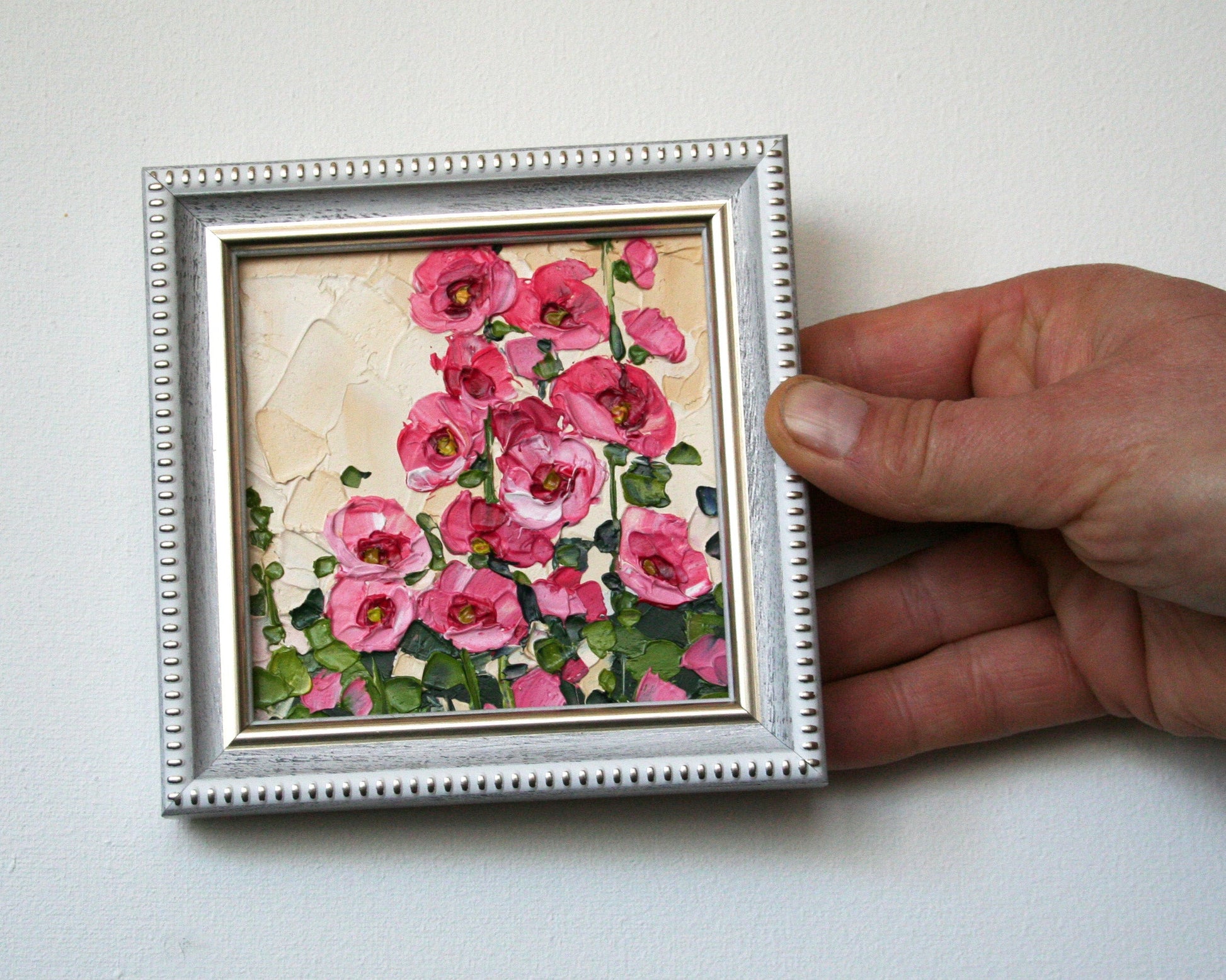 Original Hollyhock Mini Oil Painting -Palette Knife Framed Floral Art