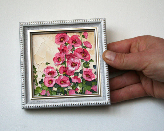 Original Hollyhock Mini Oil Painting -Palette Knife Framed Floral Art