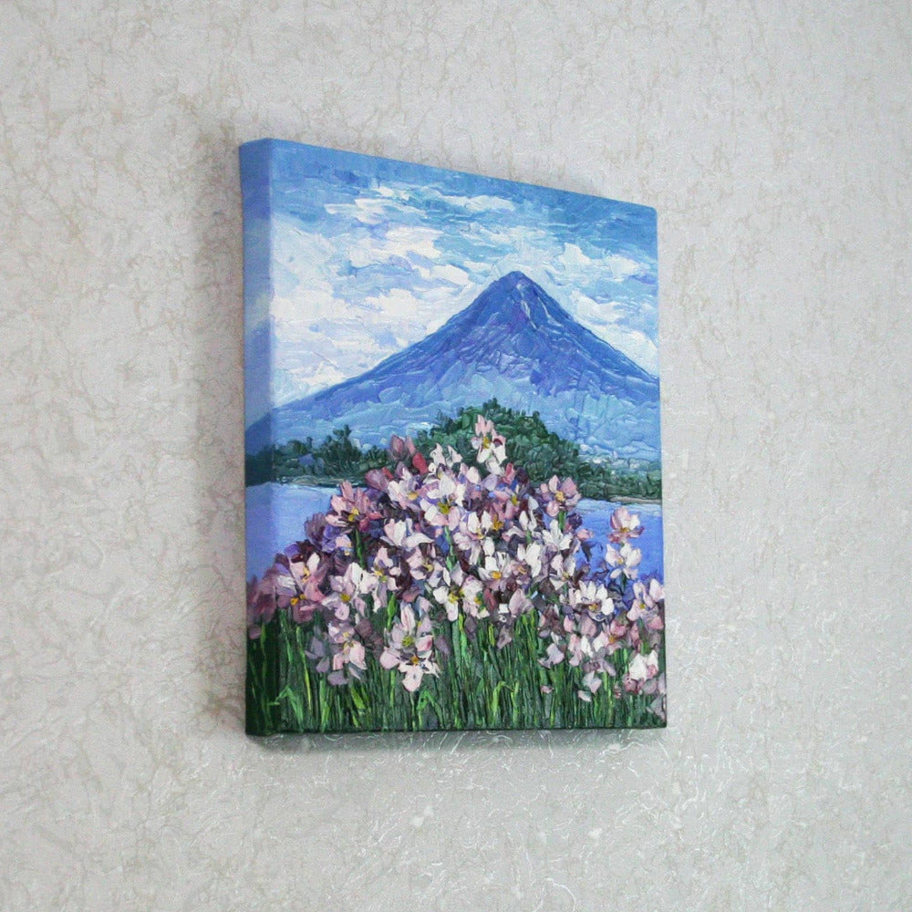 Original Mount Fuji painting 10x10, palette knife impasto flowers on gallery-wrapped canvas
