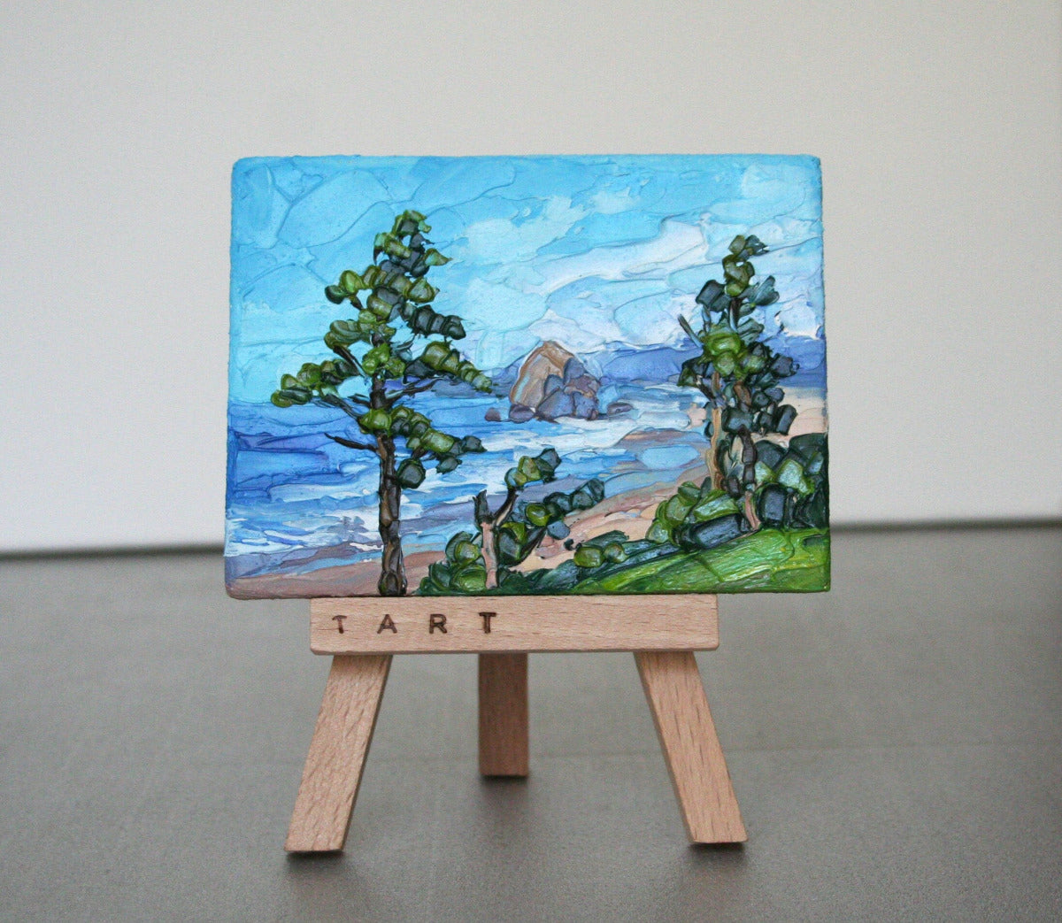 Original Oregon landscape painting on easel, Cannon Beach impasto palette knife art