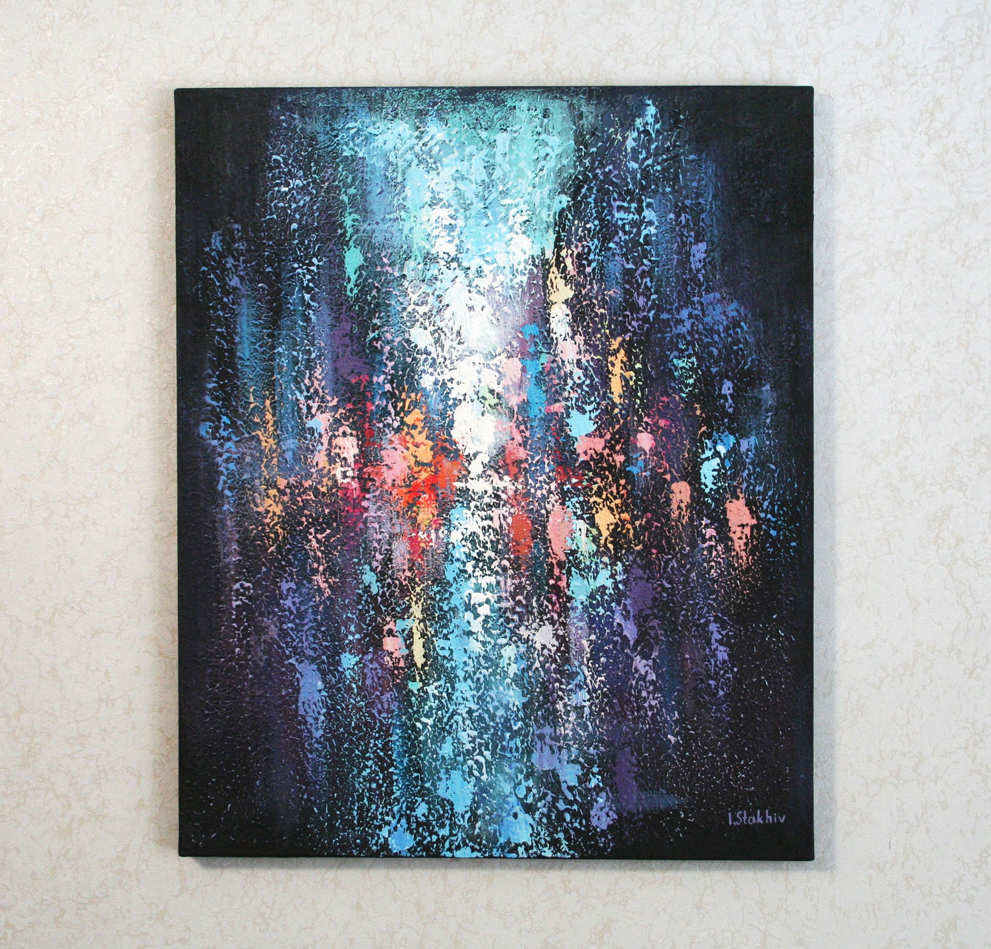 Original abstract painting of a rainy city at night, blue and orange colors, 50x60 cm canvas