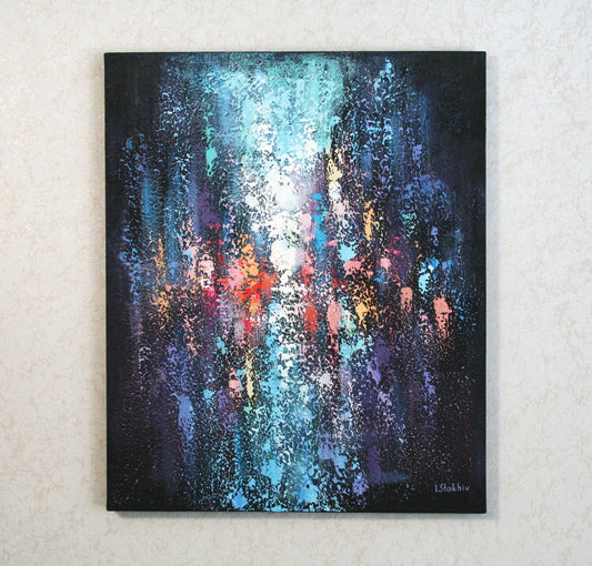 Original abstract painting of a rainy city at night, blue and orange colors, 50x60 cm canvas