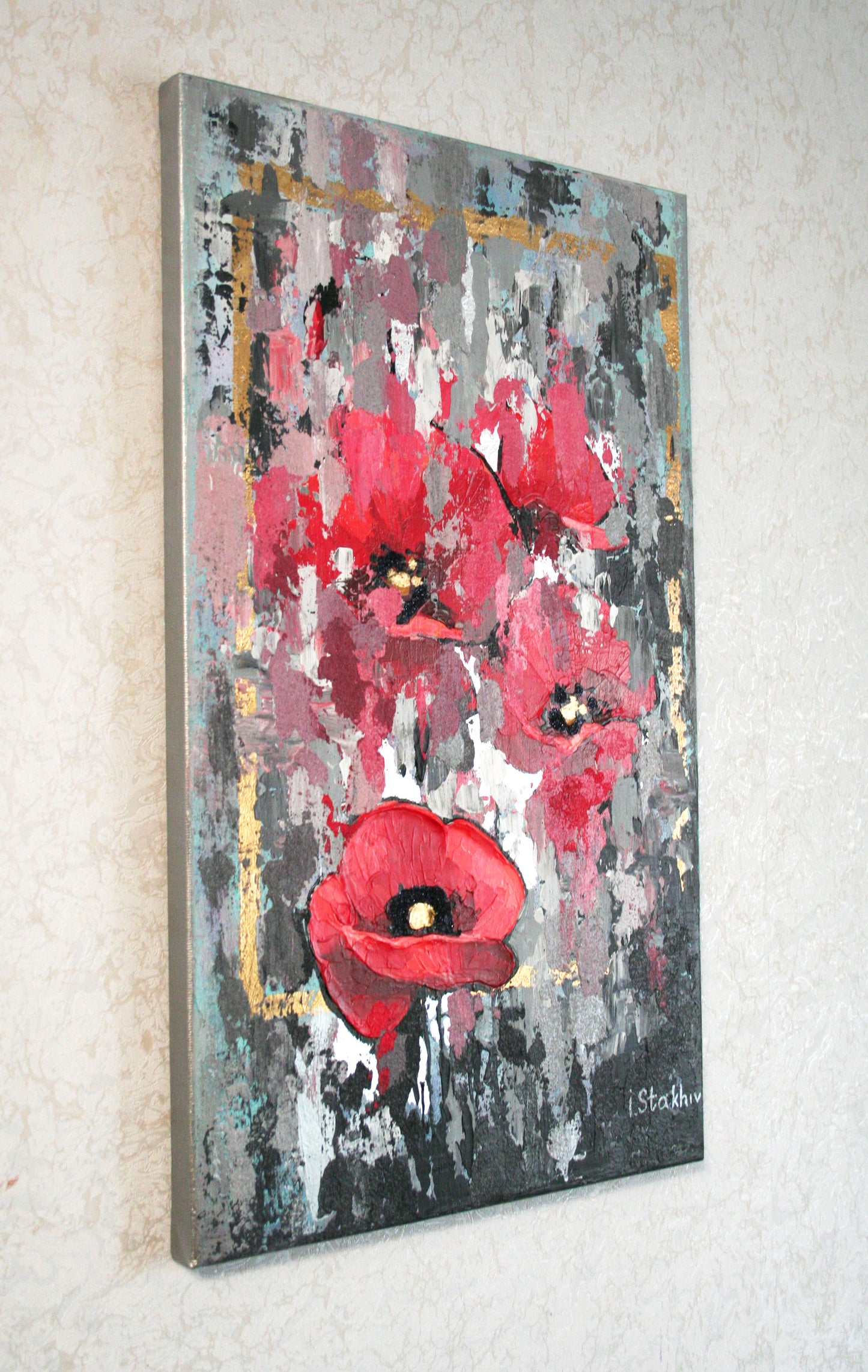 Original acrylic flower painting red poppies close-up detail