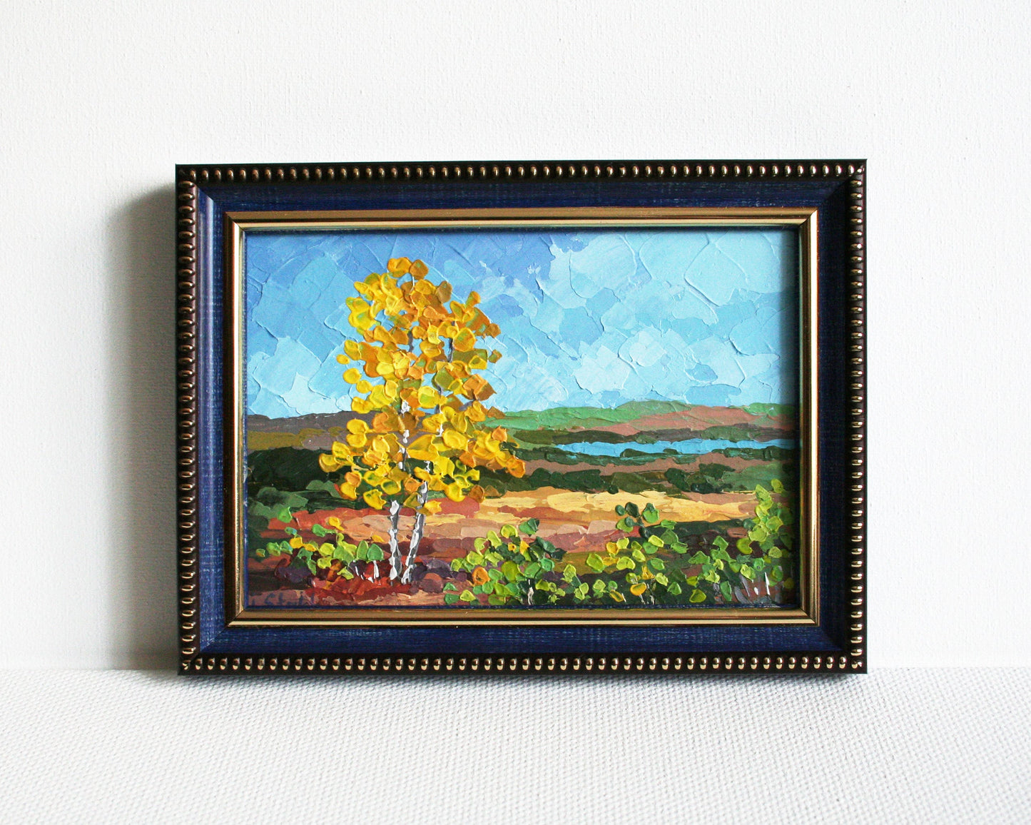 Original autumn birch tree painting 4x6 inches acrylic palette knife art in blue frame