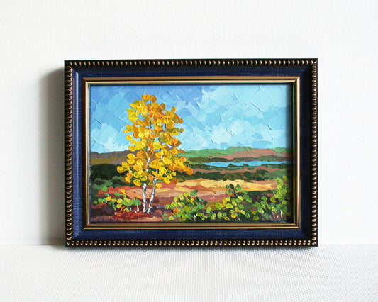 Original autumn birch tree painting 4x6 inches acrylic palette knife art in blue frame