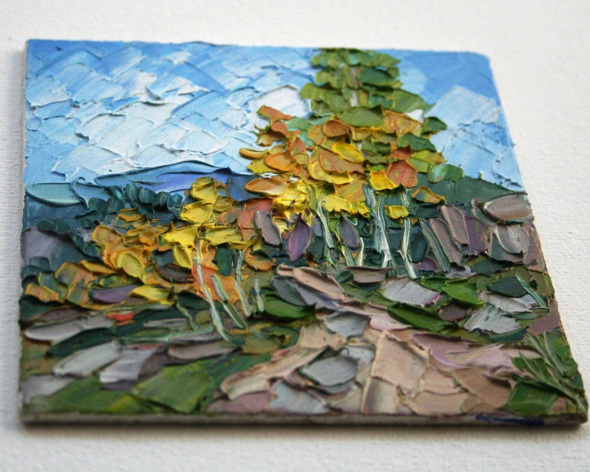 Original birch tree painting close-up, textured palette knife impasto autumn landscape by Iryna Stakhiv