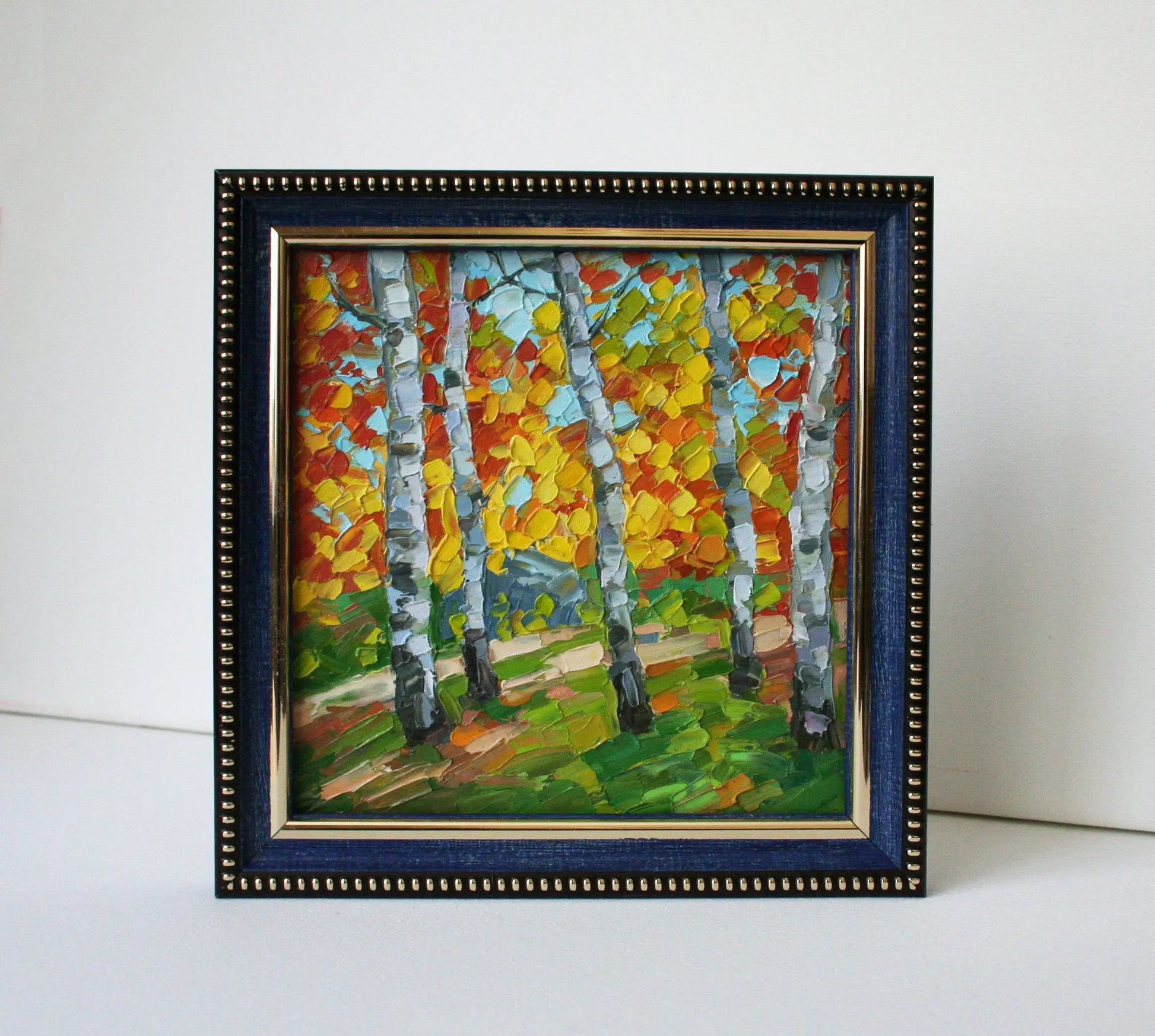 Original birch tree painting in frame, New England autumn, mini oil painting 6x6