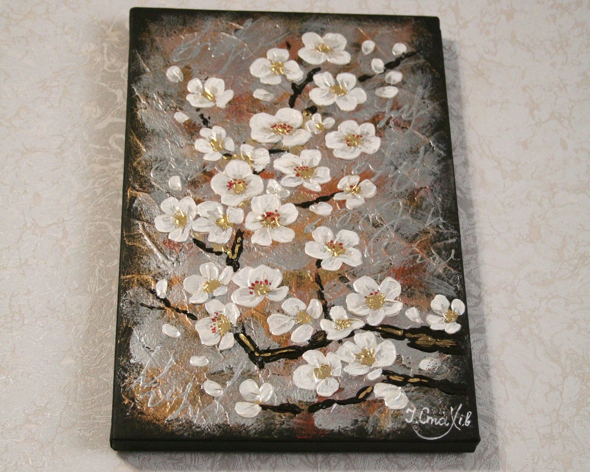 Original cherry blossom painting -textured wall art on canvas, bold palette knife strokes with gold leaf