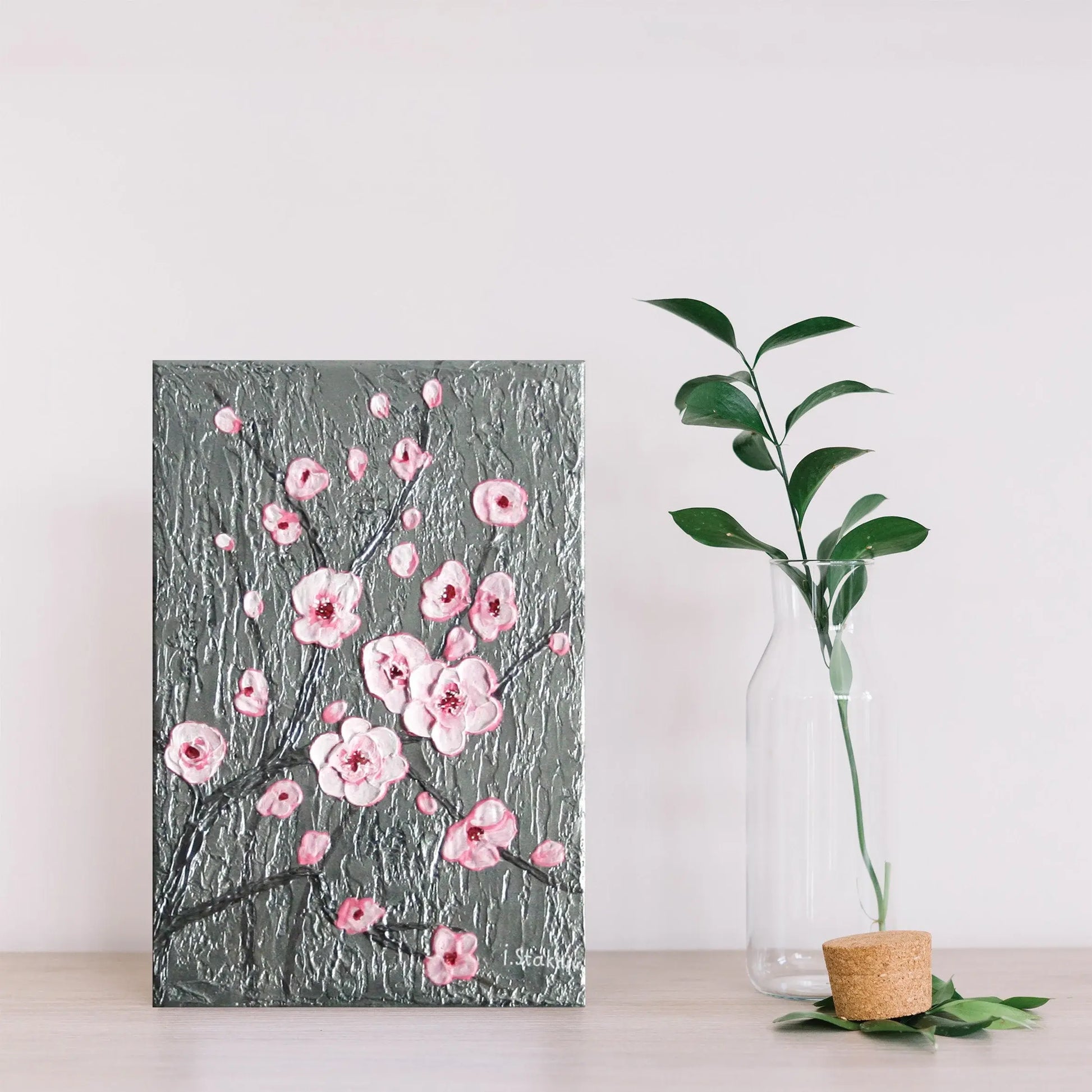 Original cherry blossom painting displayed on table with plant, pink sakura 3D palette knife art on silver canvas